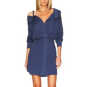 Monrow Navy Stretch Poplin Cotton Blend Button Up Long Sleeve Mini Shirt Dress